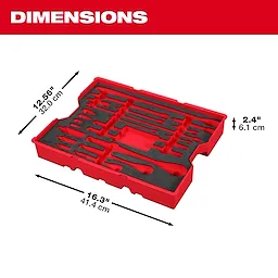 23 pc. 1/4”, 3/8”, & 1/2” Drive Ratchet and Accessory Set with Tray for PACKOUT Drawers shown with labeled dimensions.