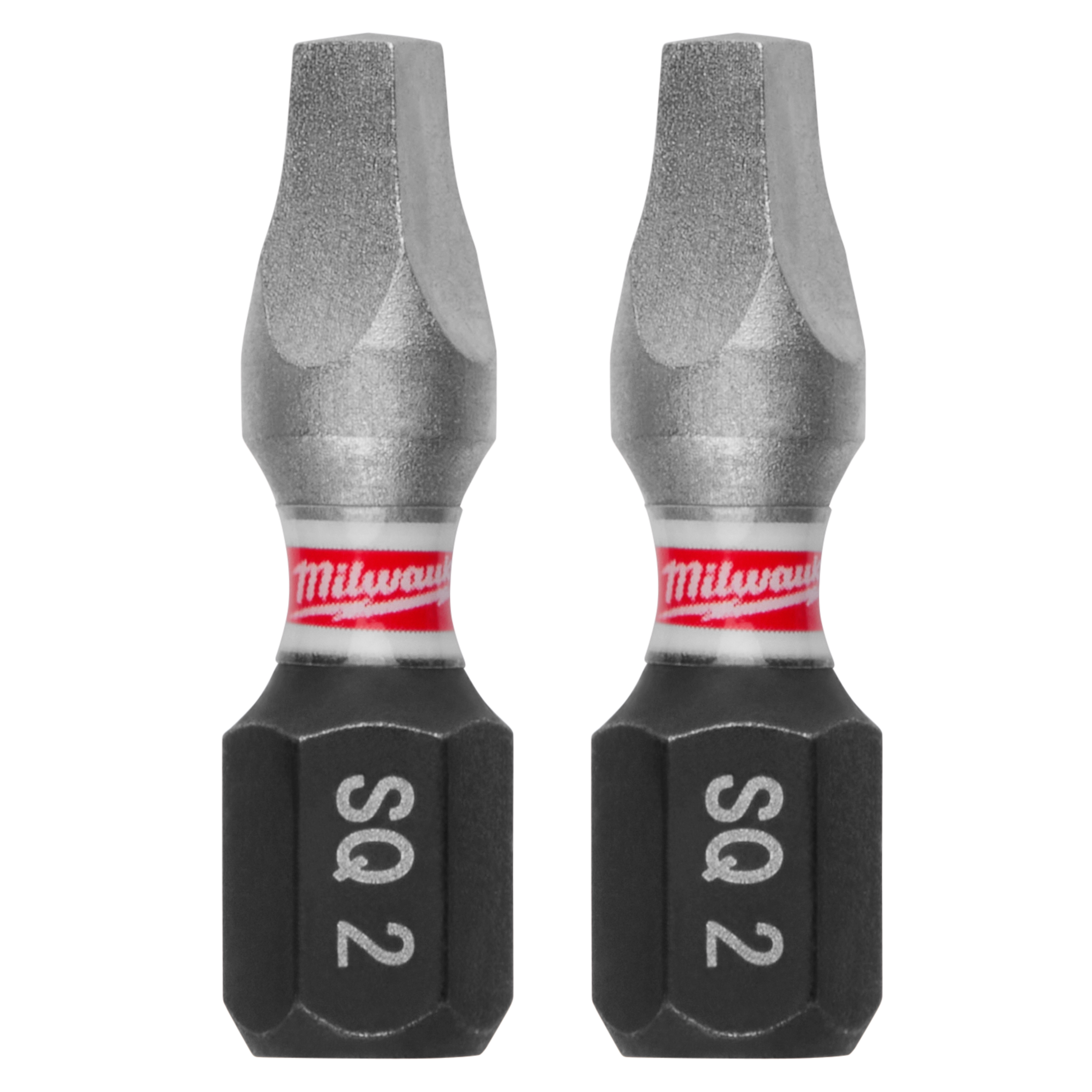 Image of two SHOCKWAVE™ 1" Impact Duty Square Recess #2 Insert Bits (2 PK) with "Milwaukee" branding and "SQ 2" inscription. These durable bits are designed for heavy-duty impact applications.