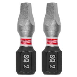 Image of two SHOCKWAVE™ 1" Impact Duty Square Recess #2 Insert Bits (2 PK) with "Milwaukee" branding and "SQ 2" inscription. These durable bits are designed for heavy-duty impact applications.