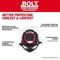 The BOLT™ Full Brim Safety Helmet features optimized venting for better airflow, a removable and machine-washable sweatband, comfortable padded suspension, and fabric for extended wear. It is advertised as better protection, coolest, and lightest. Secure accessories can be attached simultaneously, and it is available in additional colors.