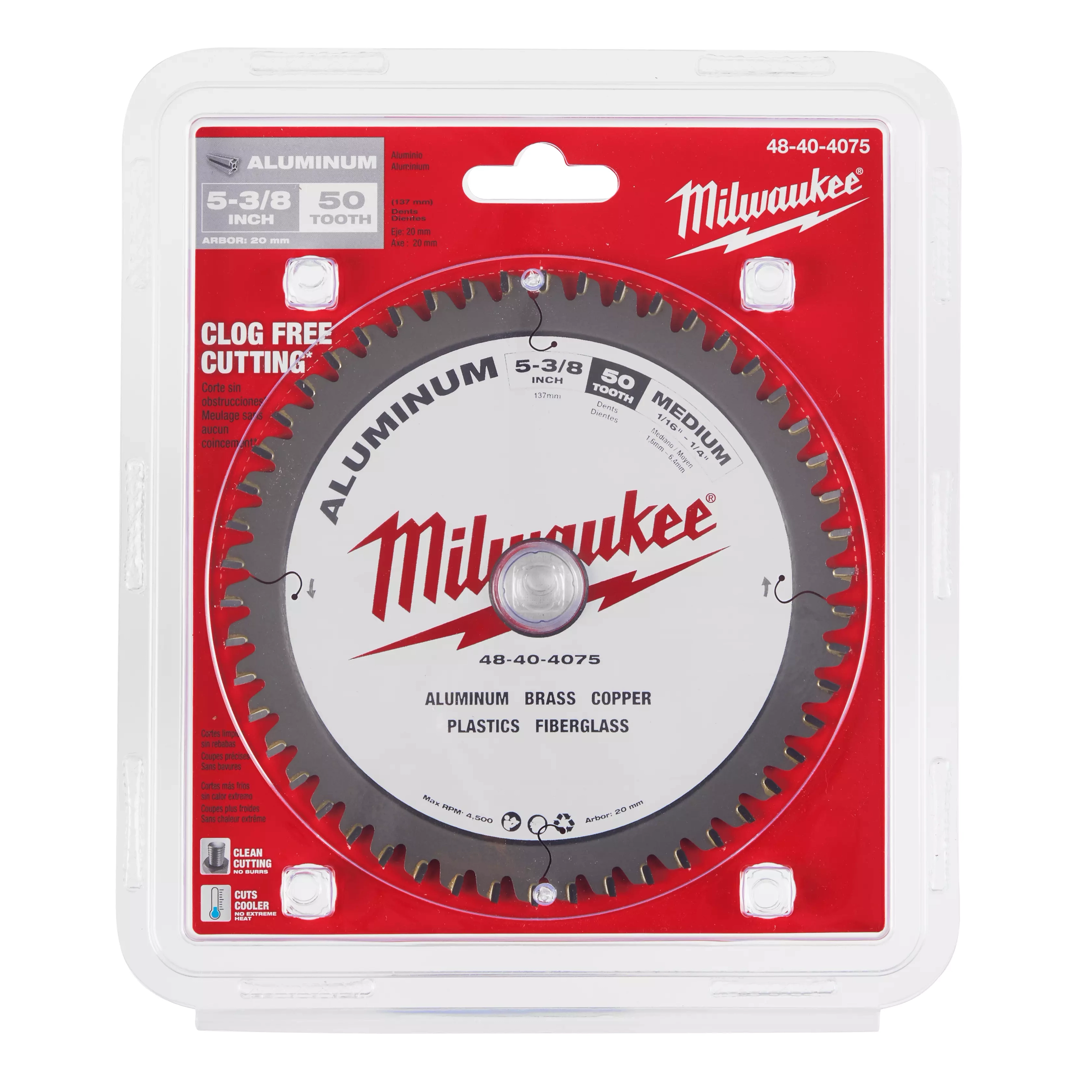 Milwaukee 5-3/8” Aluminum Cutting Circular Saw Blade in red packaging with 50 teeth, designed for cutting aluminum, brass, copper, plastics, and fiberglass.