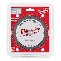 Milwaukee 5-3/8” Aluminum Cutting Circular Saw Blade in red packaging with 50 teeth, designed for cutting aluminum, brass, copper, plastics, and fiberglass.