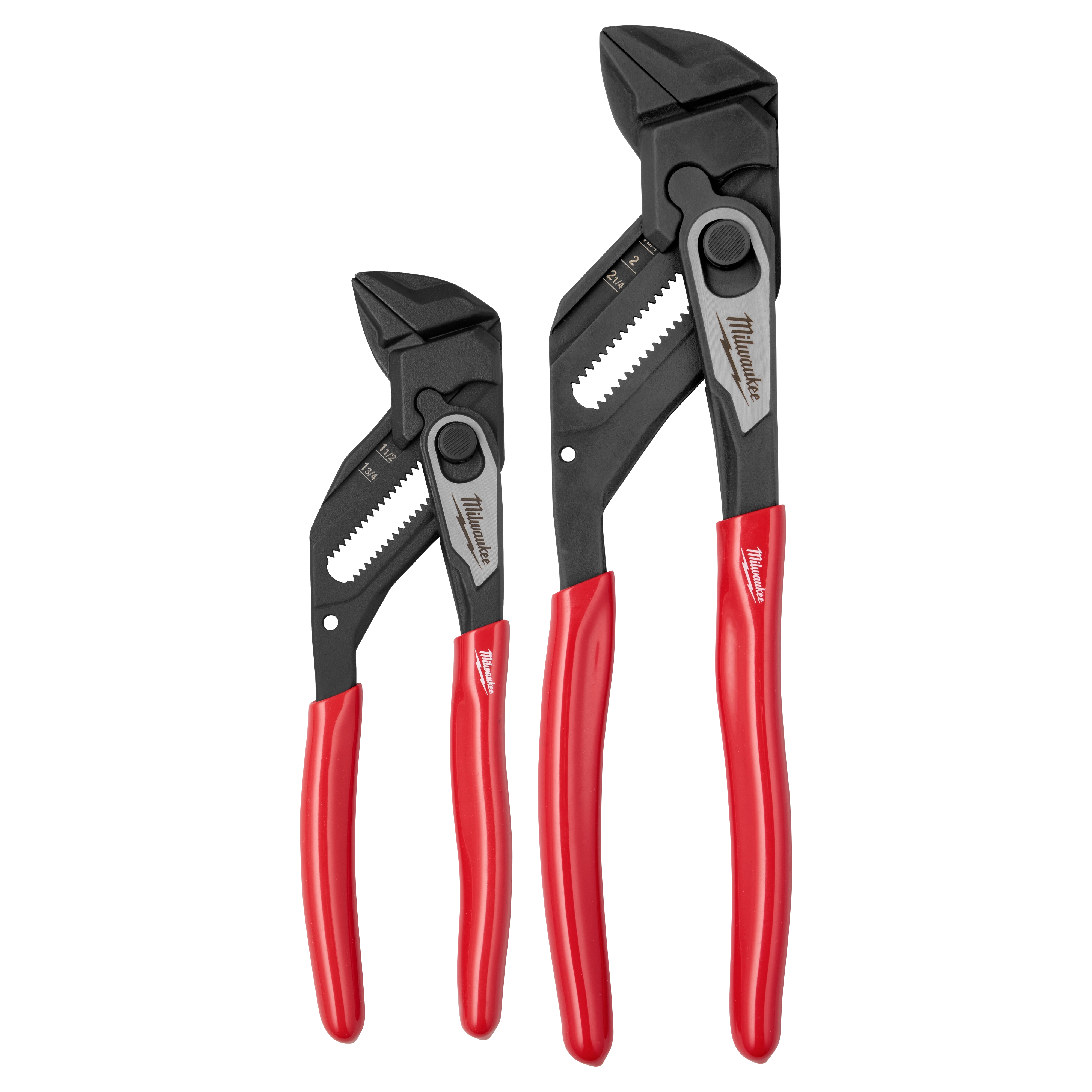 The 2 PC. Pliers Wrench Set includes two pliers of different sizes with adjustable jaws and ergonomic red handles. Perfect for gripping, holding, pressing, and bending applications.