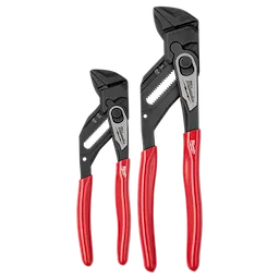 The 2 PC. Pliers Wrench Set includes two pliers of different sizes with adjustable jaws and ergonomic red handles. Perfect for gripping, holding, pressing, and bending applications.