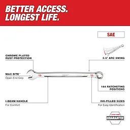 This image features a wrench with labeled features: chrome-plated rust protection, Max Bite open-end grip, I-beam handle for comfort, 2.5° arc swing, 144 ratcheting positions, and ink-filled sizes for easy identification. Text at the top reads "Better Access. Longest Life" and indicates a lifetime guarantee.