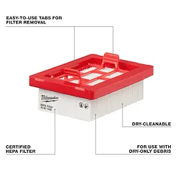 HEPA Filter with red frame, featuring easy-to-use filter removal tabs, dry-cleanable design, and suitable for dry debris only.