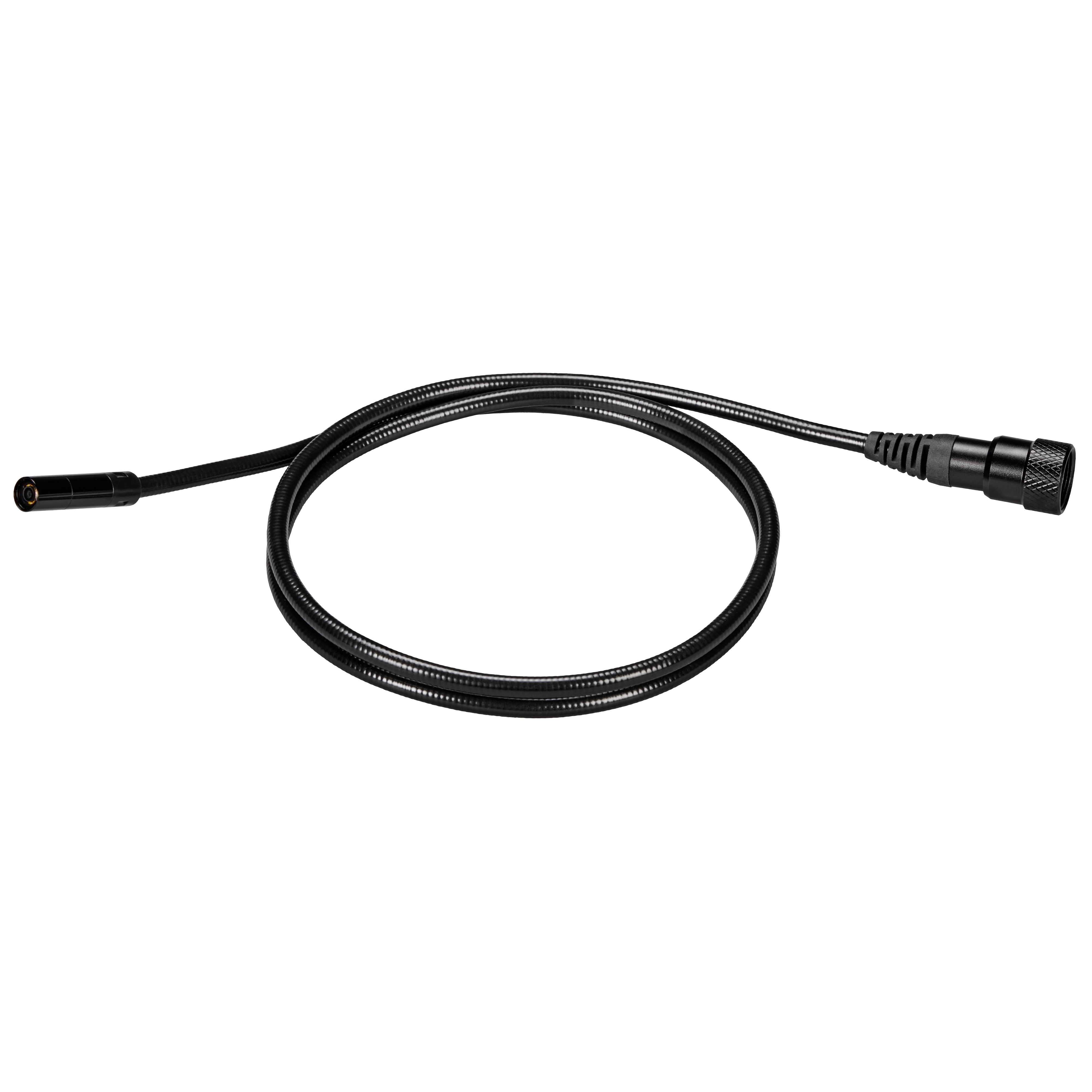 A coiled black 10mm 4' Borescope Camera Cable for M12™ Wireless Monitor with connectors at both ends, one side being a camera lens.