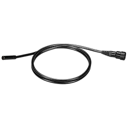 A coiled black 10mm 4' Borescope Camera Cable for M12™ Wireless Monitor with connectors at both ends, one side being a camera lens.