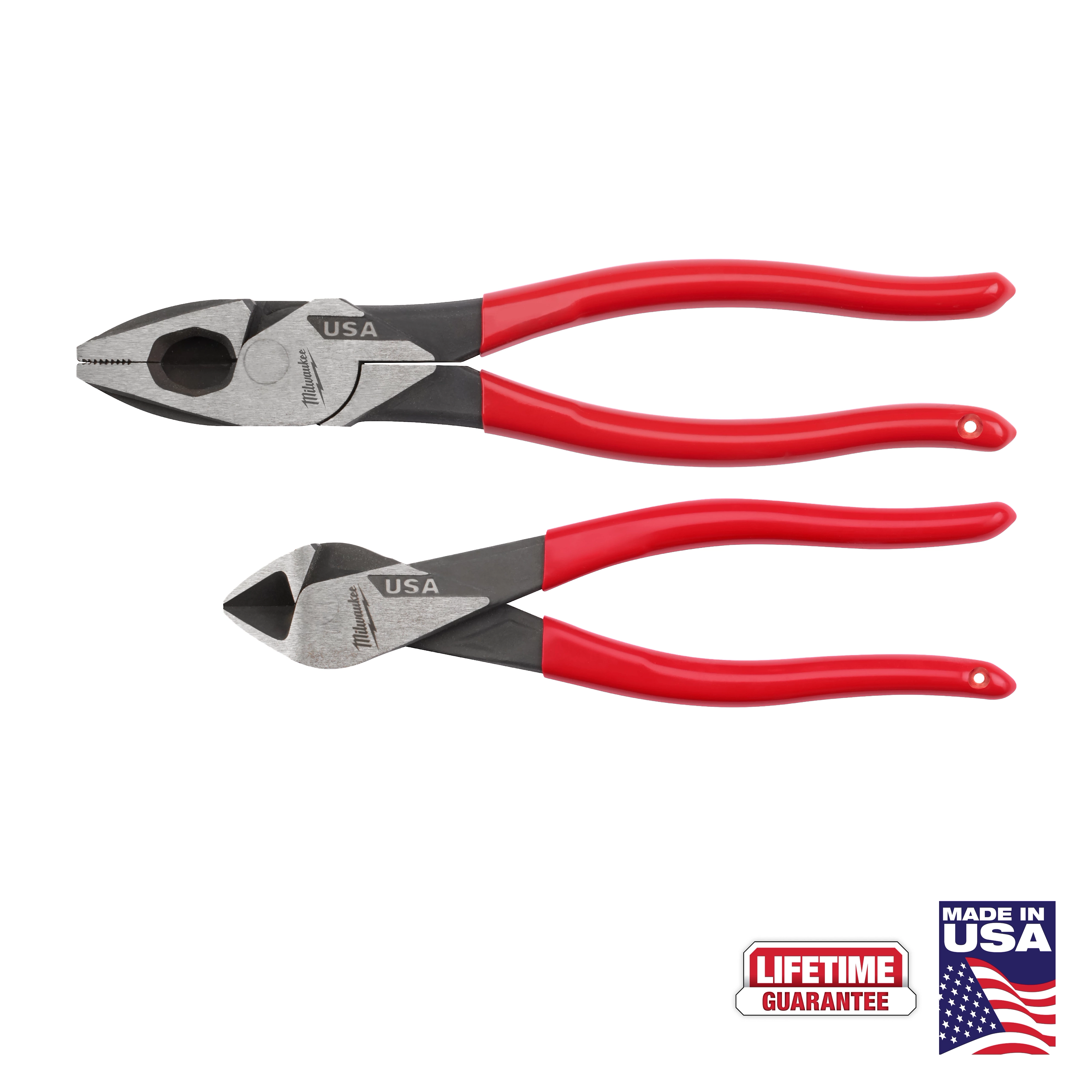 The image shows a 2PC Dipped Grip Cutting Pliers Set (USA) with red handles. It includes two pliers positioned side by side. The "Made in USA" badge and "Lifetime Guarantee" badge are at the bottom corner.