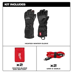 Heated Winter Gloves kit includes one pair of black heated gloves, two red 2AH batteries, and two red USB-C cables. Gloves are shown with the Milwaukee logo, extended cuffs, and grip-enhancing design.
