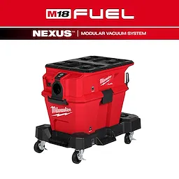 The M18 FUEL™ NEXUS™ 6 Gallon Wet/Dry Vacuum w/ PACKOUT™ Compatibility is a red, wheeled vacuum with modular capabilities. It is designed for heavy-duty cleaning tasks and features the Milwaukee brand logo.