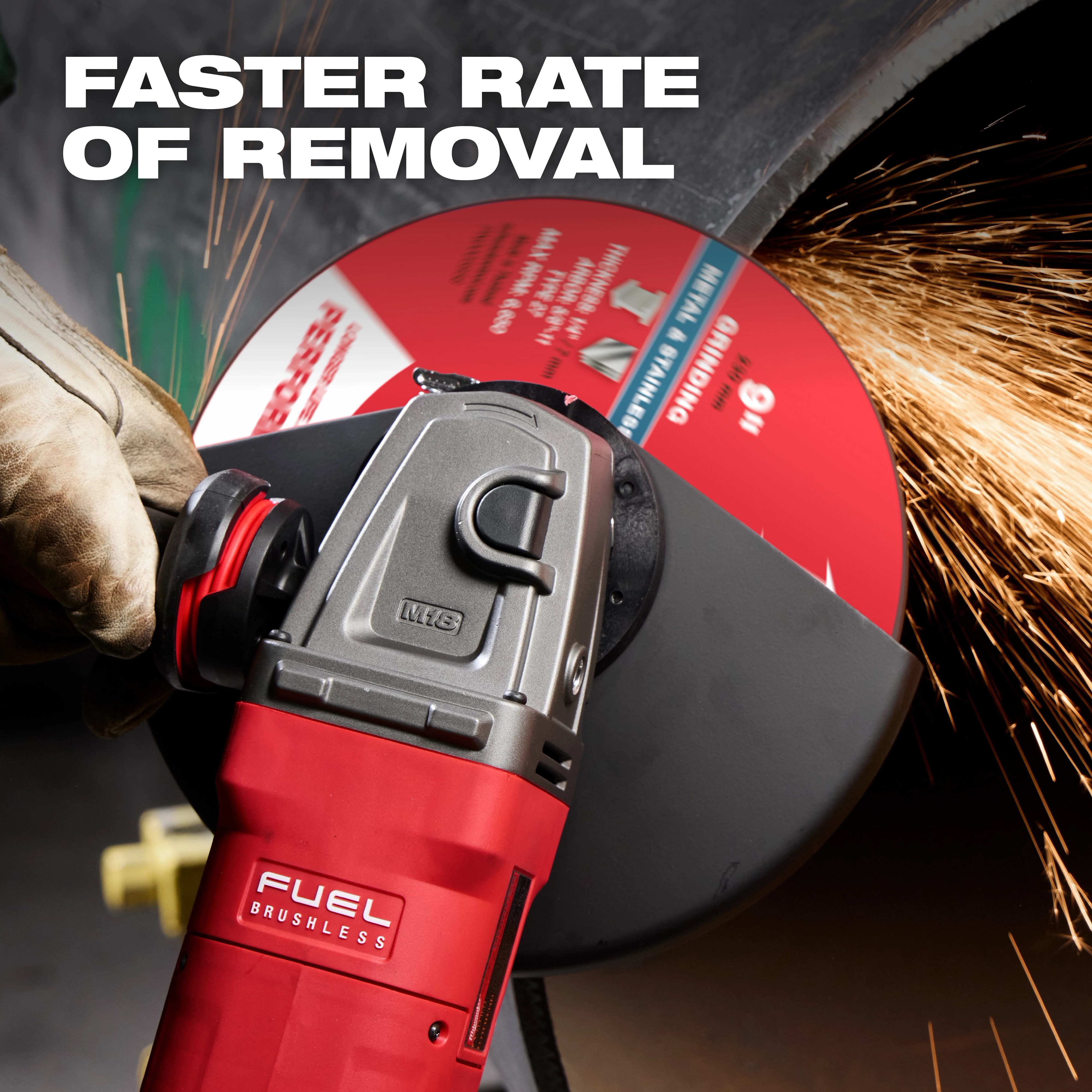 A person is using an electric grinder with Bonded Abrasives Grinding disc labeled "Faster Rate of Removal," emitting sparks.