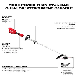 M18 QUIK-LOK Brushless 15” String Trimmer displayed diagonally with labeled features on a white background.