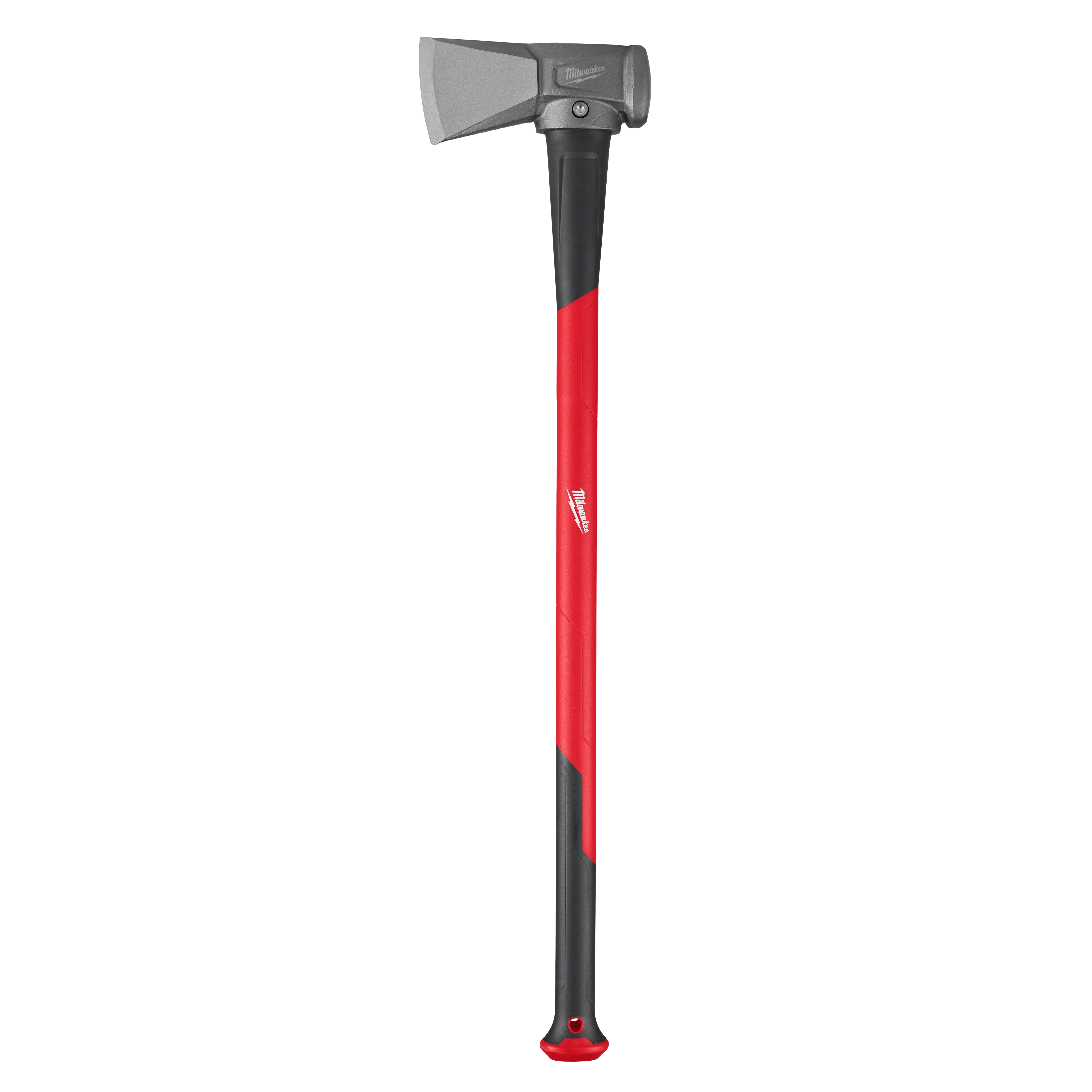 The 8lb Splitting Maul (34" Handle) features a grey cutting head and a long, ergonomic black and red handle designed for efficient wood splitting. The durable construction provides enhanced control and power for outdoor tasks.