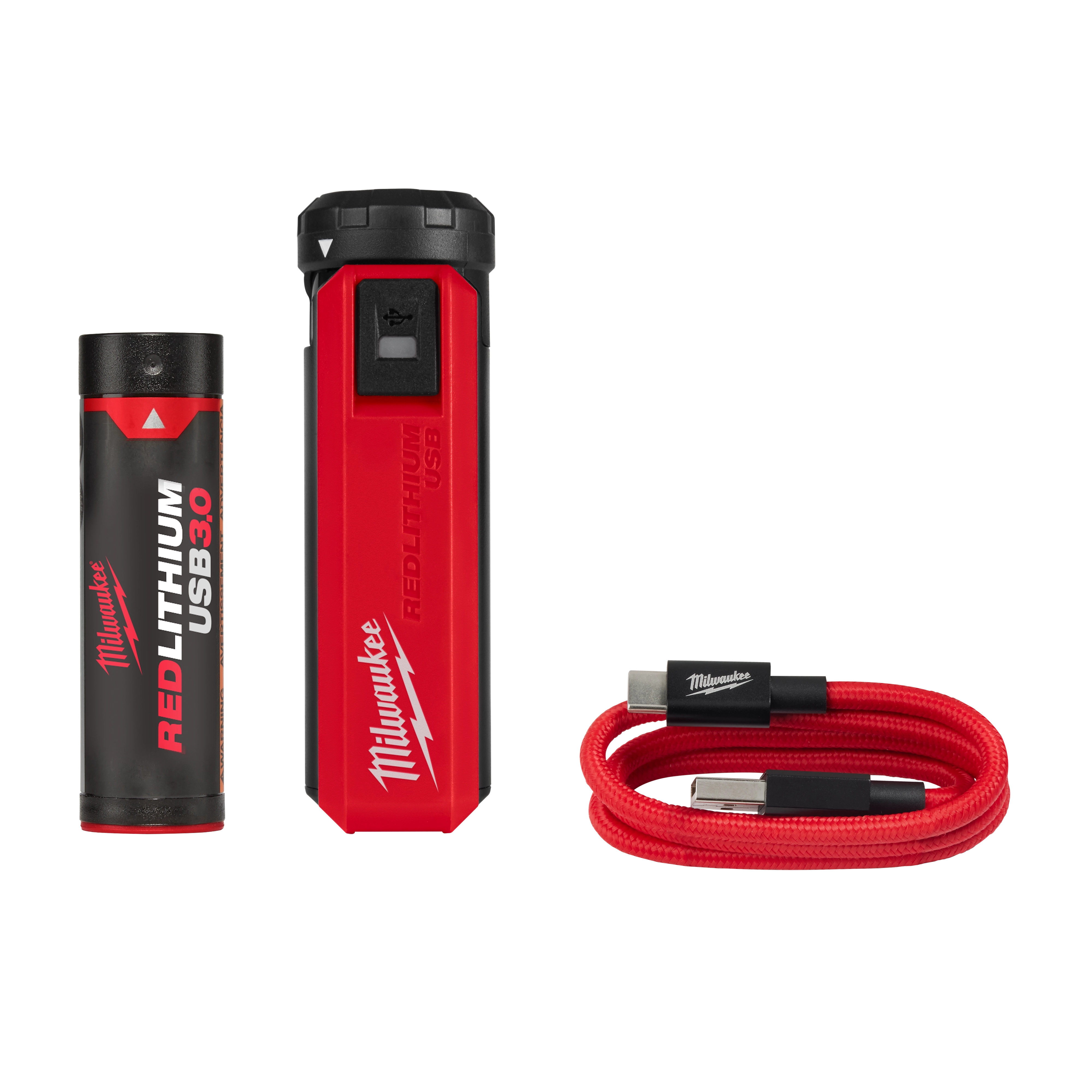 The REDLITHIUM™ USB Charger and Portable Power Source Kit includes a black and red USB 3.0 battery, a red charger with Milwaukee branding, and a coiled red USB cable with black connectors.