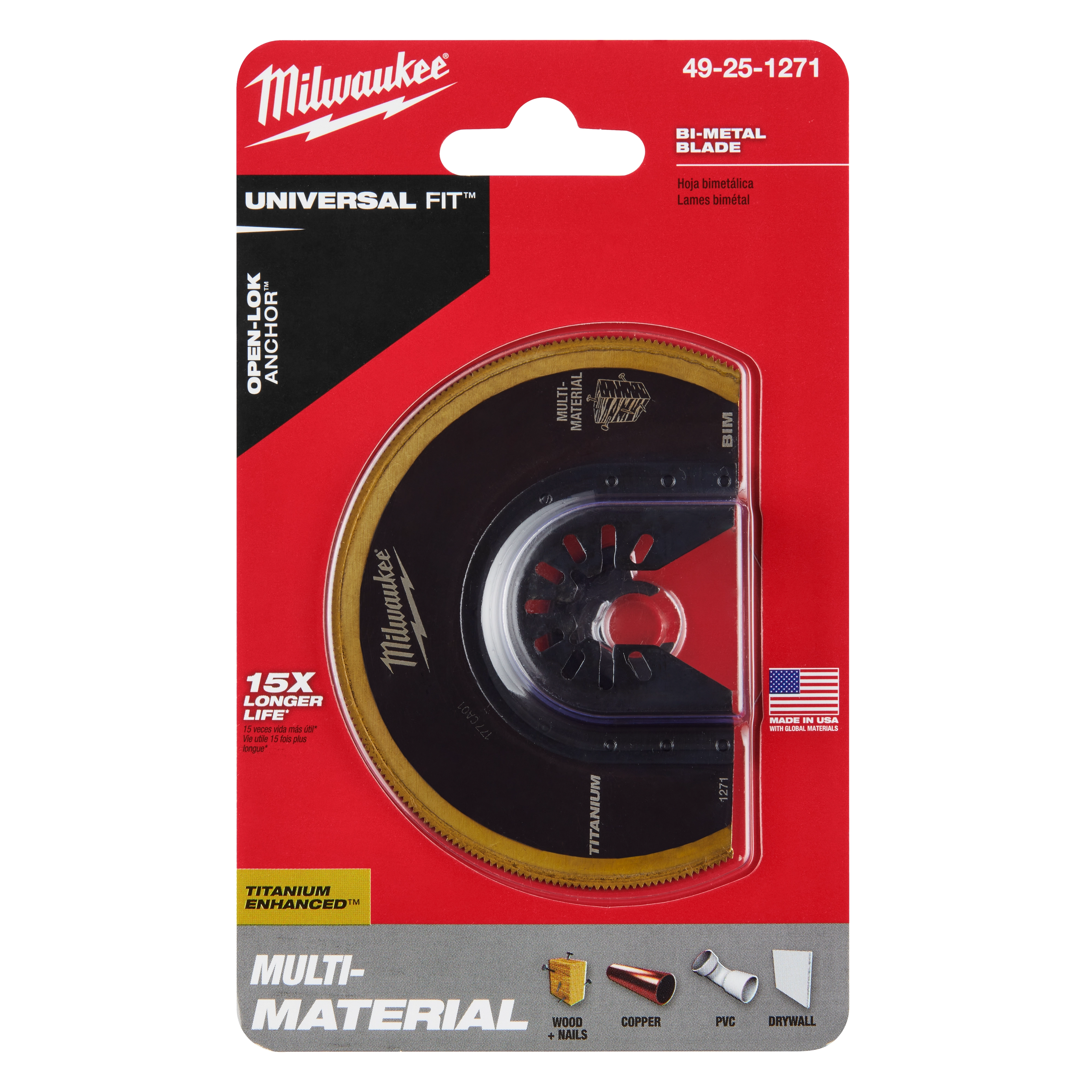 Milwaukee 3-1/2" titanium enhanced bi-metal segmented blade 1PK in red packaging, suitable for wood, nails, copper, PVC, and drywall.