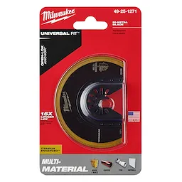 Milwaukee 3-1/2" titanium enhanced bi-metal segmented blade 1PK in red packaging, suitable for wood, nails, copper, PVC, and drywall.