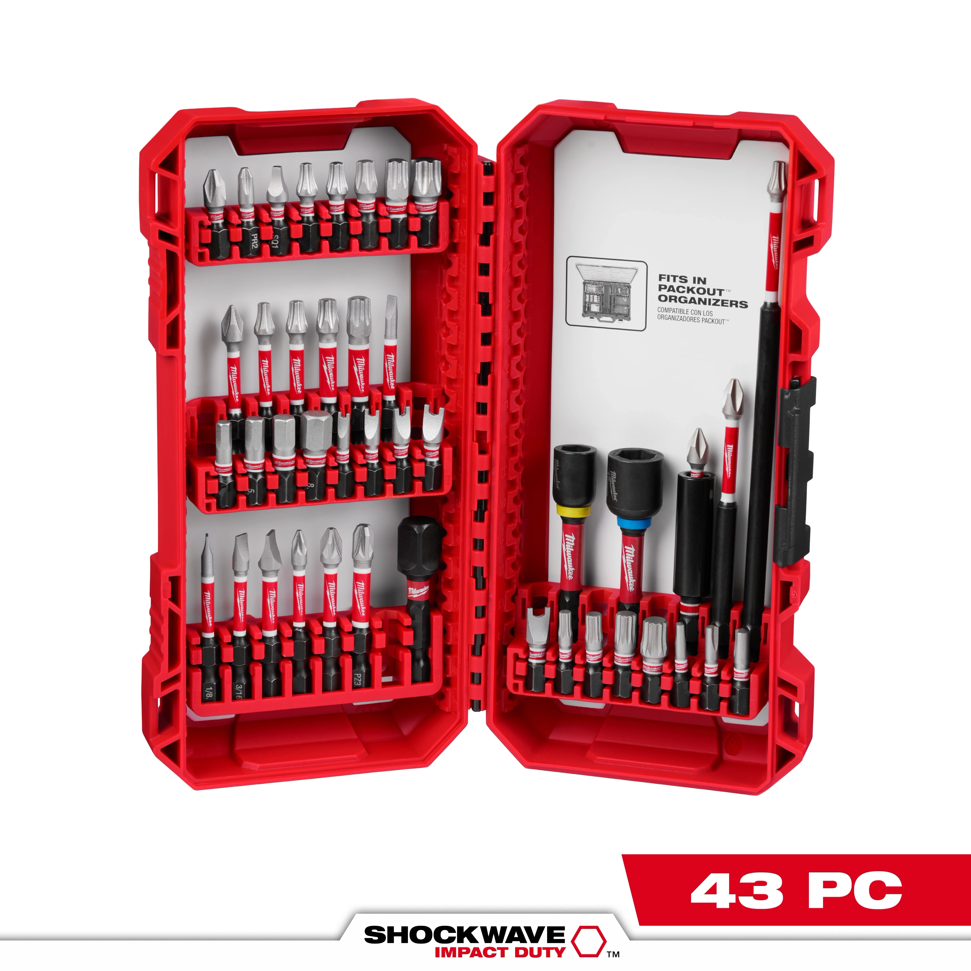 The image shows the SHOCKWAVE™ Impact Duty Driver Bit Auto Set – 43PC in a red carrying case. The case is open, displaying various bits and drivers organized neatly within it. The set fits in Packout Organizers and is branded with "SHOCKWAVE™ Impact Duty" at the bottom.
