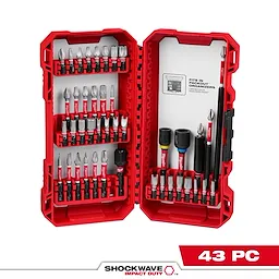 The image shows the SHOCKWAVE™ Impact Duty Driver Bit Auto Set – 43PC in a red carrying case. The case is open, displaying various bits and drivers organized neatly within it. The set fits in Packout Organizers and is branded with "SHOCKWAVE™ Impact Duty" at the bottom.
