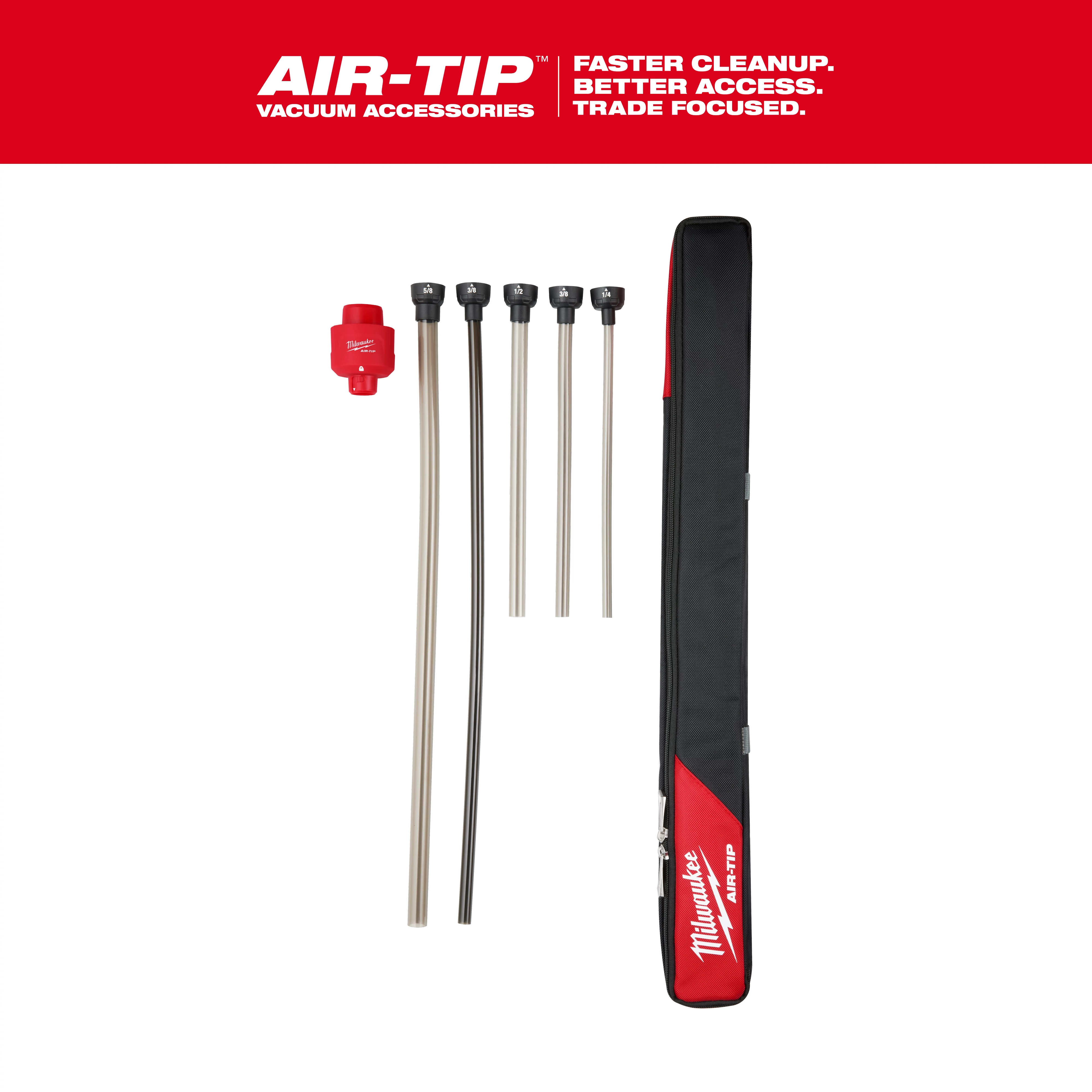 The AIR-TIP™ Long Reach Flexible Micro Hose Set includes five flexible hoses, a red connector, and a black carrying case with red and white detailing. It is designed for vacuum accessories to enhance cleanup efficiency and access. The brand Milwaukee is visible on the carrying case.