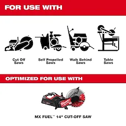 This image shows different saw types suited for the DIAMOND ULTRA™ Segmented Turbo, General Purpose Diamond Blade, including cut-off saws, self-propelled saws, walk-behind saws, and table saws. It also highlights an MX FUEL™ 14" Cut-Off Saw optimized for use with the blade.