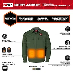 M12 Shirt Jacket - Green S to 3X displayed front-facing with highlighted heat zones and feature icons around it.
