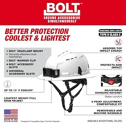 The BOLT™ Full Brim Vented Safety Helmet – Type 2, Class C features secure accessory slots, headlamp mount, marker clip, and offers up to 15°F cooler performance. It absorbs top impact energy, protects side impact, and includes an adjustable swinging ratchet with a 5-point fit system. Made in the USA.