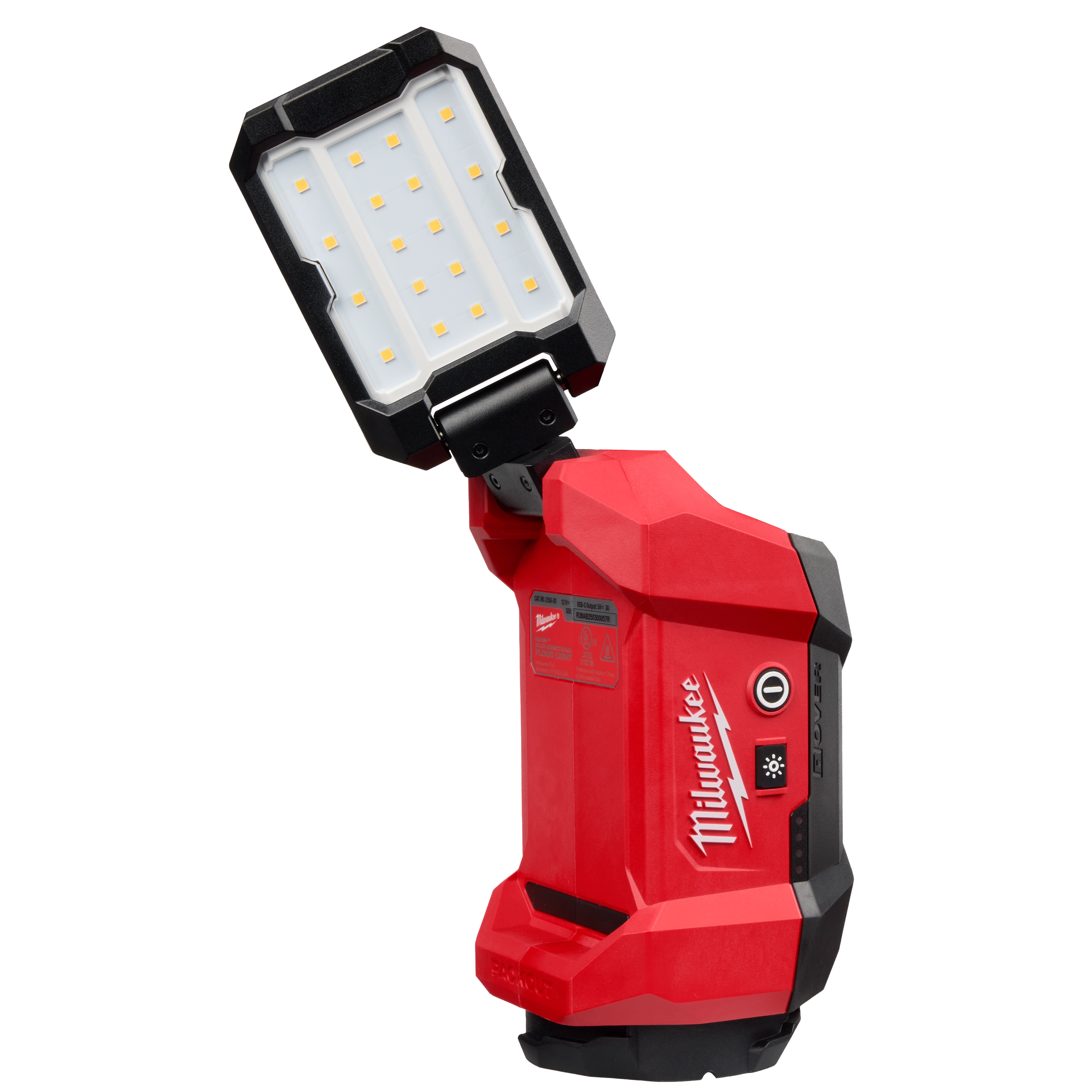 The image shows a red M12™ ROVER™ Multi-Directional Flood Light with PACKOUT™ Compatibility. It features multiple LED bulbs and an adjustable light head. The Milwaukee logo is printed on the side.