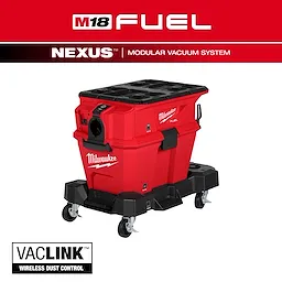 The M18 FUEL™ NEXUS™ 6 Gallon Wet/Dry Vacuum w/ PACKOUT™ Compatibility & VACLINK™ is a red, modular vacuum system by Milwaukee. It features wireless dust control and is mounted on a black wheeled base, making it easily transportable for various cleaning tasks.