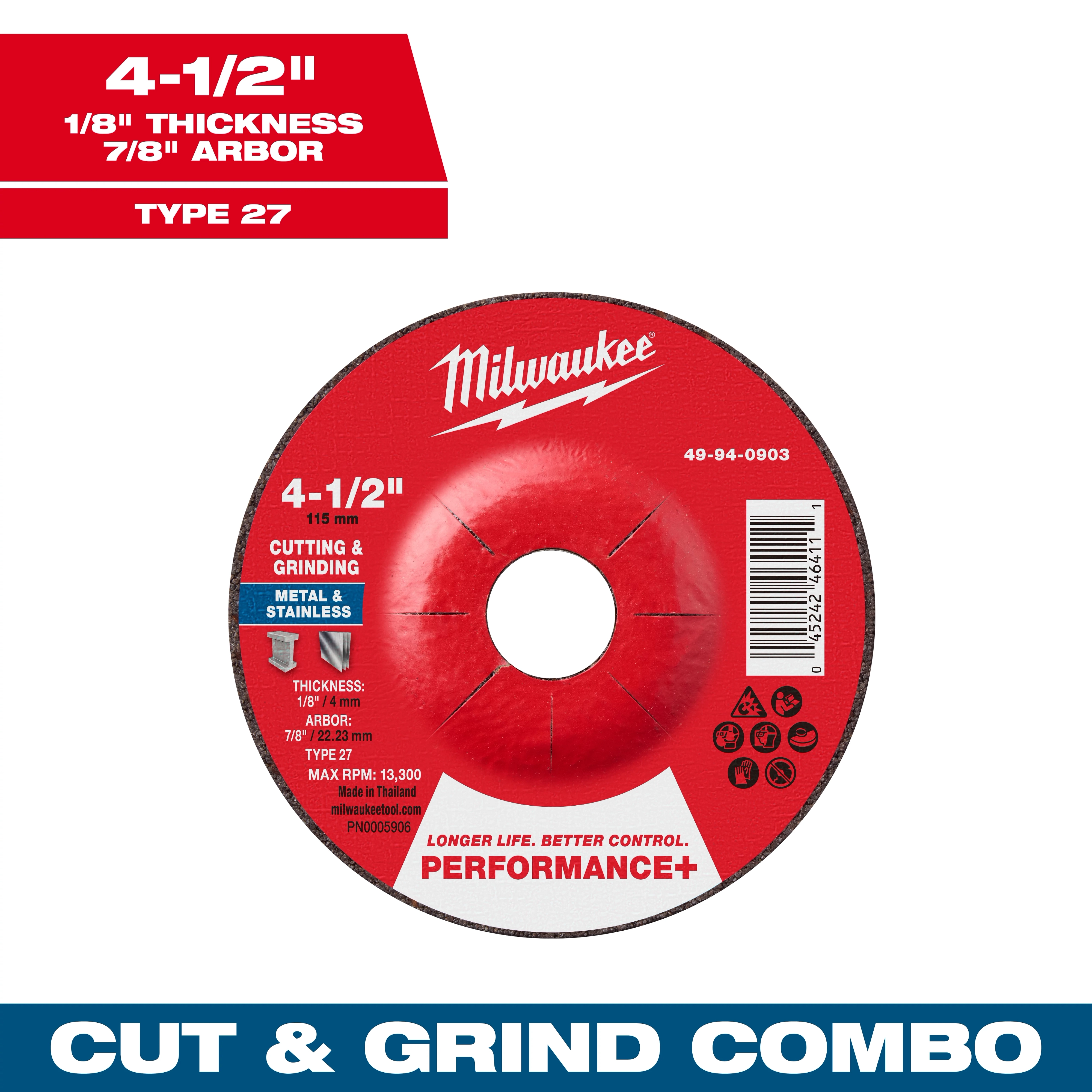 4-1/2" x 1/8" x 7/8" Performance+ Dual Metal Cut & Grind Wheel - Type 27 for cutting and grinding metal and stainless steel.