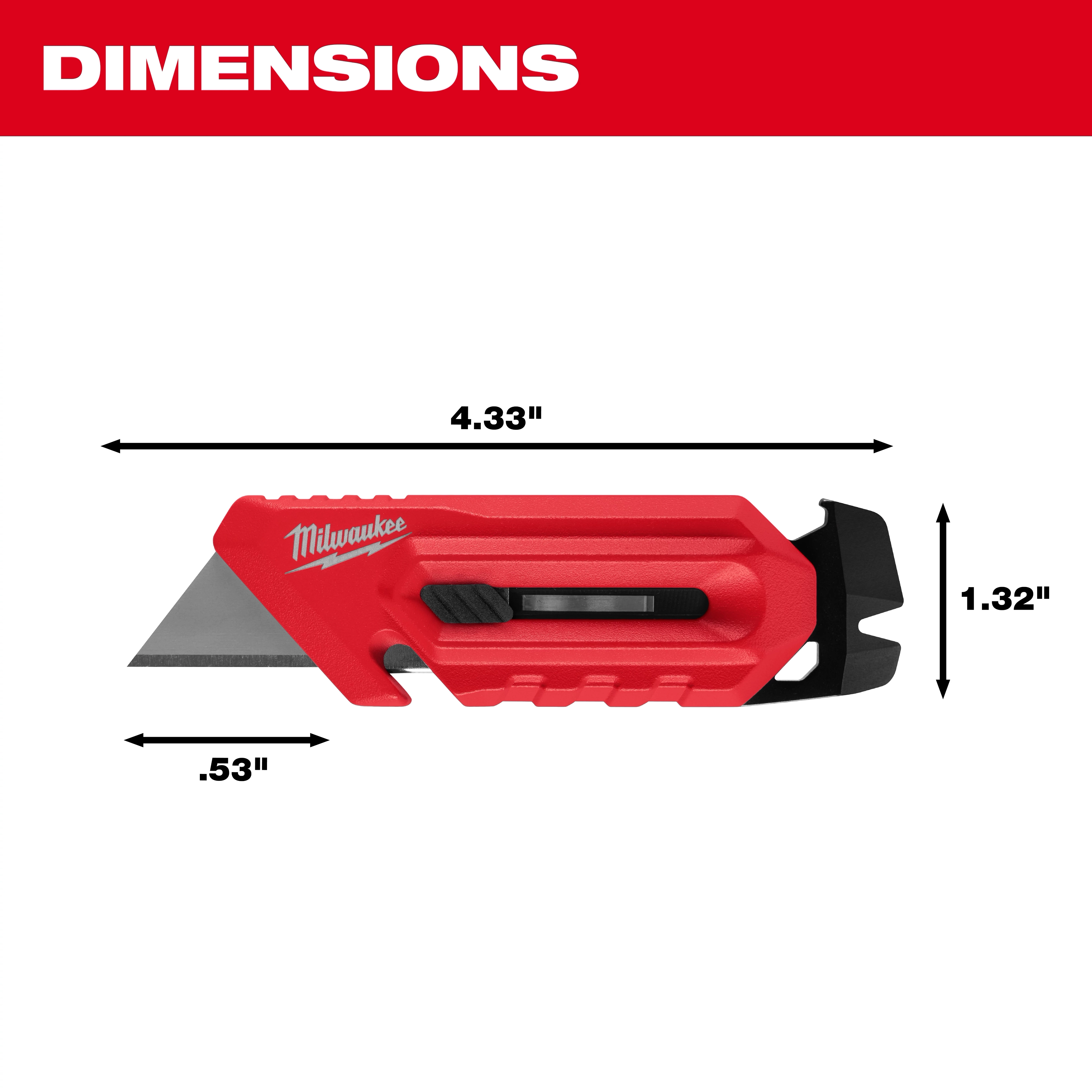 The Milwaukee Multi-function Compact Utility Knife features dimensions of 4.33 inches in length, 1.32 inches in height, and 0.53 inches in width.