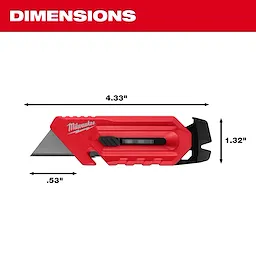 The Milwaukee Multi-function Compact Utility Knife features dimensions of 4.33 inches in length, 1.32 inches in height, and 0.53 inches in width.