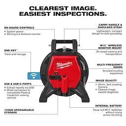 The image shows the M12™ 65’ Ultra Flex Compact Inspection Camera Kit, highlighting features like on-board controls, a lightweight design, M12™ wireless monitor mount, multi-frequency sonde, and USB ports. The text reads "Clearest Image. Easiest Inspections." and lists multiple functions and attributes of the inspection camera kit.
