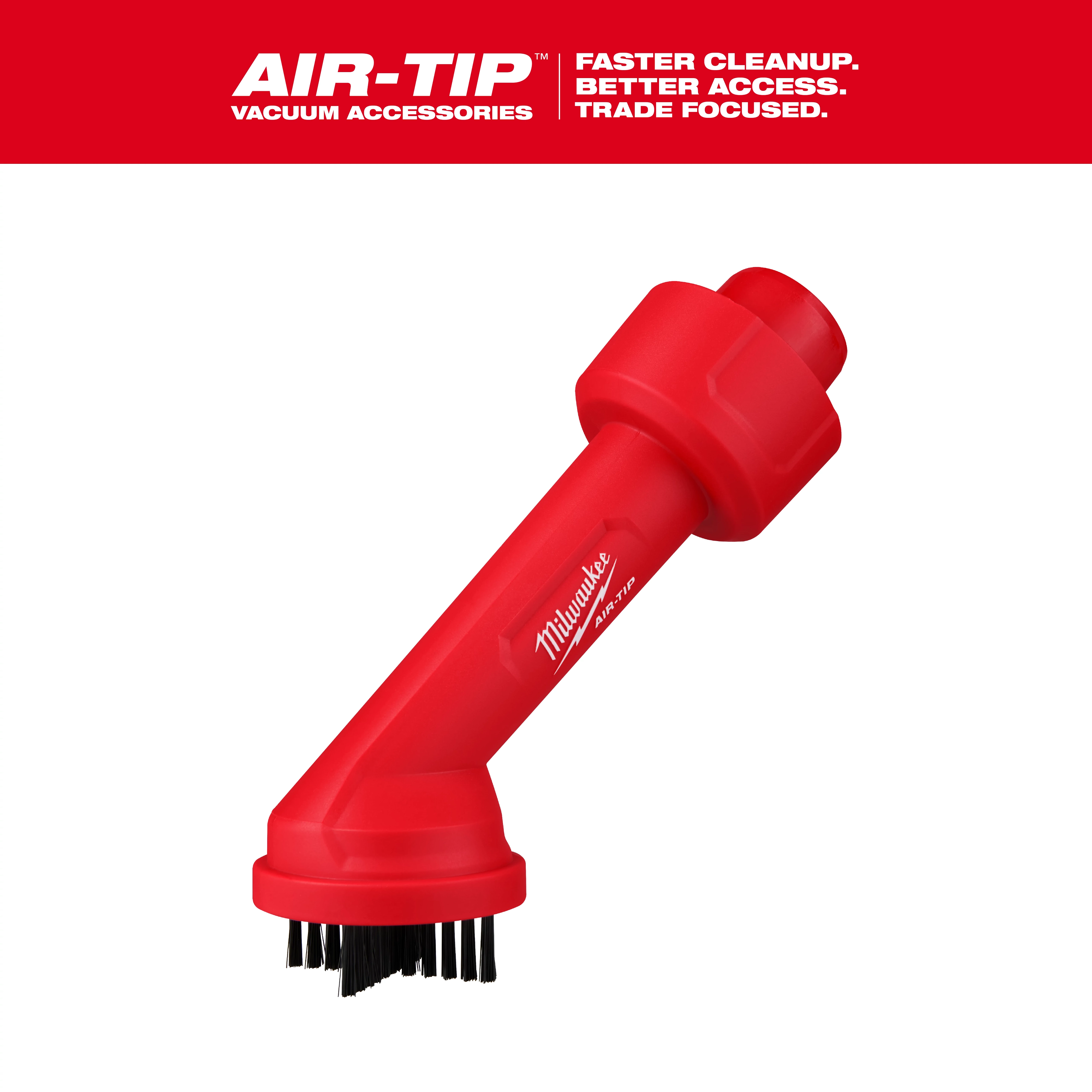 Image of the AIR-TIP™ Cross Brush Tool, a red, angled vacuum accessory with bristles at one end. The tool is displayed against a white background with a red banner at the top reading "AIR-TIP™ VACUUM ACCESSORIES" and "FASTER CLEANUP. BETTER ACCESS. TRADE FOCUSED."