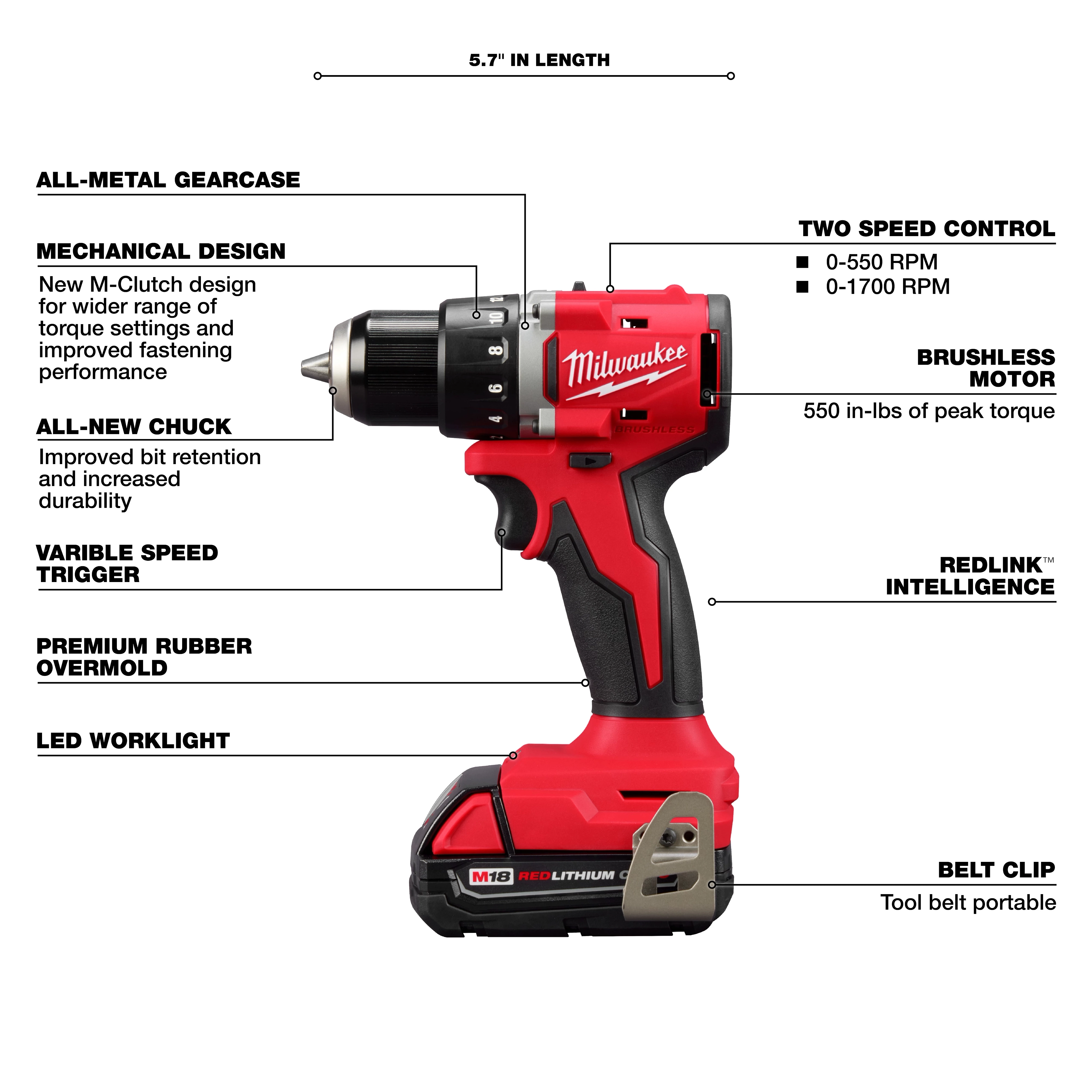 Red and black M18 Compact Brushless 1/2" Drill/Driver with various labeled features including all-metal gearcase, two-speed control, and LED work light.