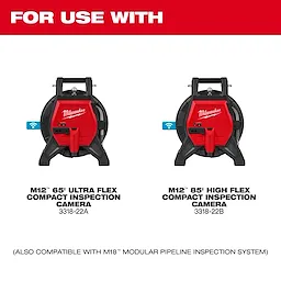 The image shows two Milwaukee inspection cameras labeled "M12 65' Ultra Flex Compact Inspection Camera 3318-22A" and "M12 85' High Flex Compact Inspection Camera 3318-22B." The top text reads "For Use With" in red. The bottom note mentions compatibility with the M18 Modular Pipeline Inspection System.