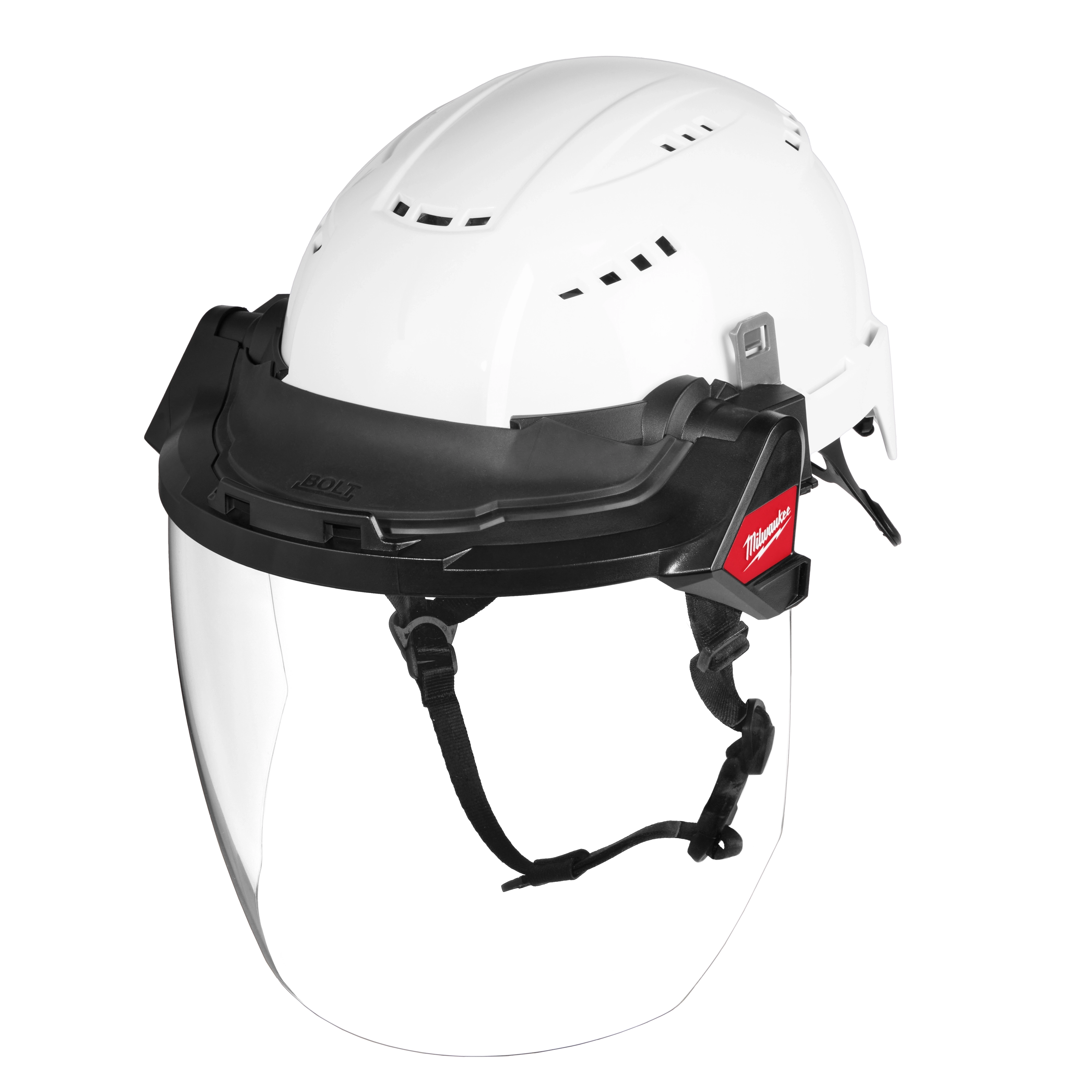 The image shows a BOLT™ Gasketed Full Face Shield - Clear Dual Coat Lens, attached to a white Milwaukee® BOLT™ Safety Helmet. The face shield features a clear lens and black frame, designed for compatibility with Milwaukee® BOLT™ Safety Helmets and BOLT™ Hard Hats.