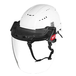 The image shows a BOLT™ Gasketed Full Face Shield - Clear Dual Coat Lens, attached to a white Milwaukee® BOLT™ Safety Helmet. The face shield features a clear lens and black frame, designed for compatibility with Milwaukee® BOLT™ Safety Helmets and BOLT™ Hard Hats.
