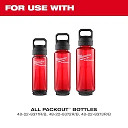 Image showing three red Milwaukee PACKOUT™ bottles with Chug Lids. The bottles are of different sizes, and the text "FOR USE WITH ALL PACKOUT™ BOTTLES" is displayed above and below the bottles, along with model numbers 48-22-8371R/B, 48-22-8372R/B, and 48-22-8373R/B.