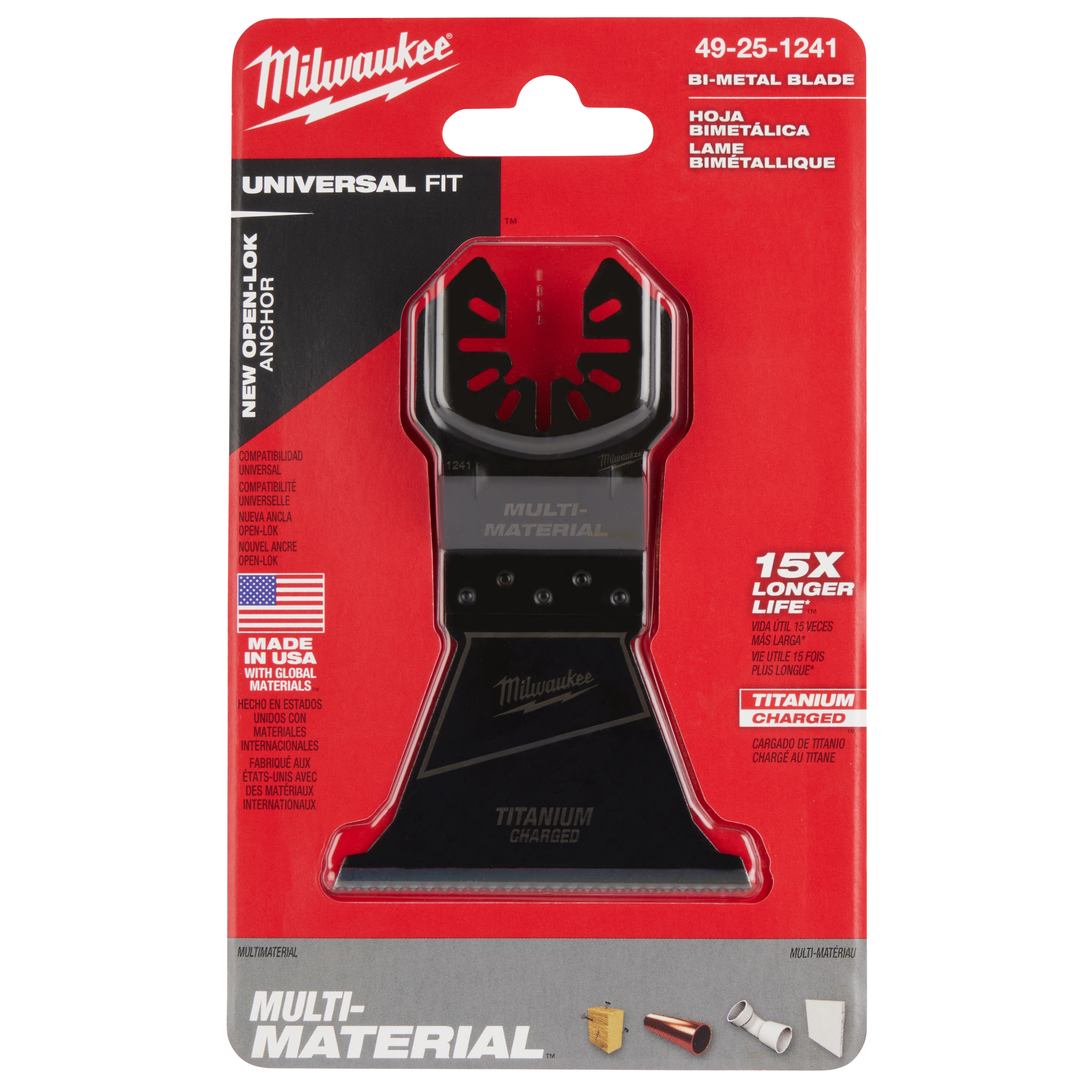 Milwaukee Universal Fit 2-1/2" Titanium Charged Bi-Metal Multi-Material Multi-Tool Blade in red packaging, model 49-25-1241.
