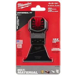 Milwaukee Universal Fit 2-1/2" Titanium Charged Bi-Metal Multi-Material Multi-Tool Blade in red packaging, model 49-25-1241.
