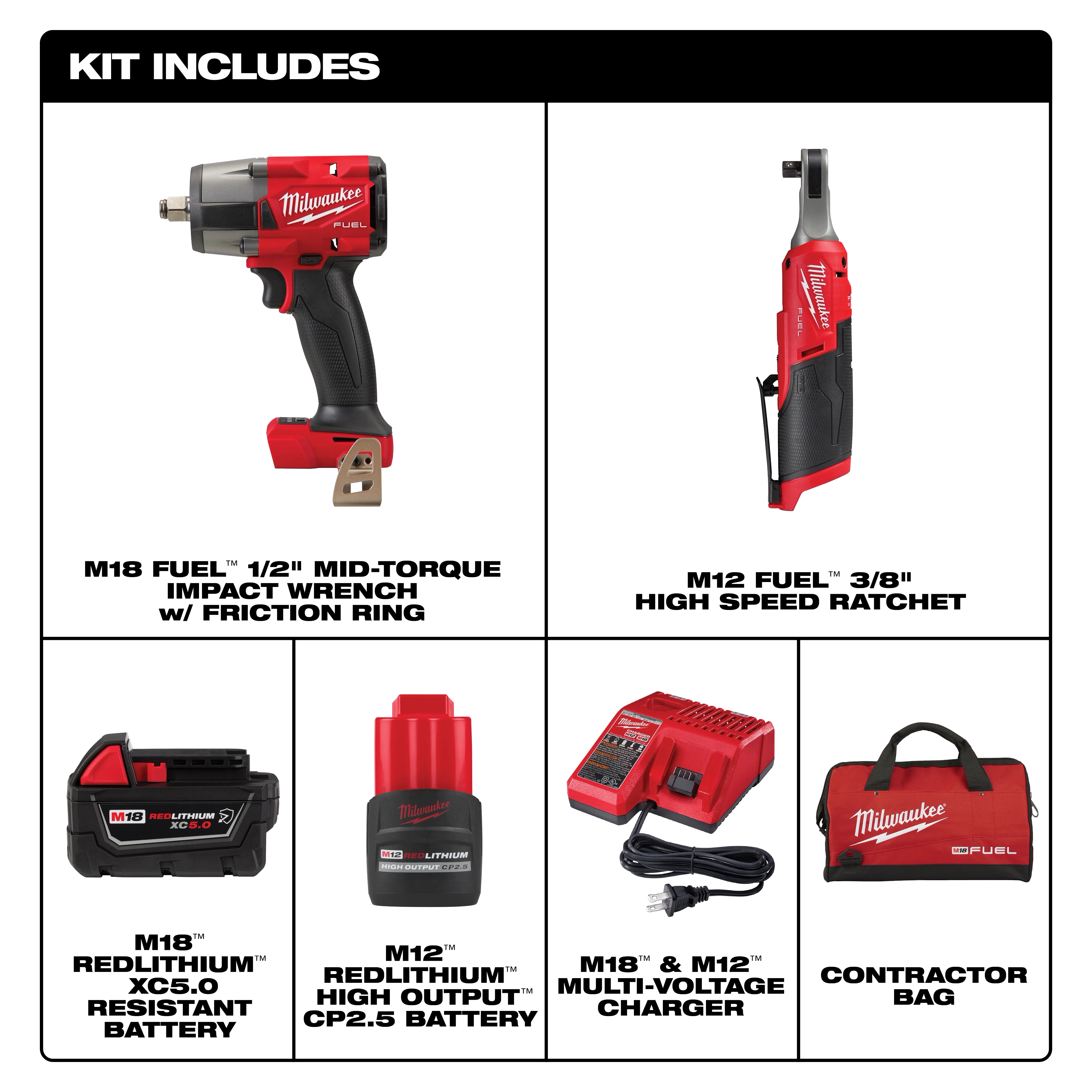 The image shows a Milwaukee tool kit including an M18 FUEL™ 1/2" Mid Torque Impact Wrench w/ Friction Ring, M12 FUEL™ 3/8" High Speed Ratchet, M12 REDLITHIUM™ High Output XC5.0 Battery, M18™ REDLITHIUM™ XC5.0 Battery, M18™ & M12™ Multi-Voltage Charger, and a carrying case.