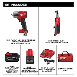 The image shows a Milwaukee tool kit including an M18 FUEL™ 1/2" Mid Torque Impact Wrench w/ Friction Ring, M12 FUEL™ 3/8" High Speed Ratchet, M12 REDLITHIUM™ High Output XC5.0 Battery, M18™ REDLITHIUM™ XC5.0 Battery, M18™ & M12™ Multi-Voltage Charger, and a carrying case.