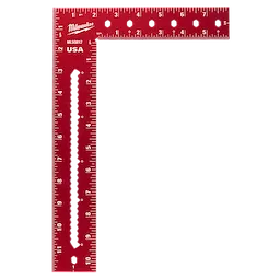 Image showing an 8"x12" Framing Square by Milwaukee. The square is red with precision laser-etched markings in inches and has multiple round holes. The brand name, "Milwaukee," and "USA" are also visible on the tool.
