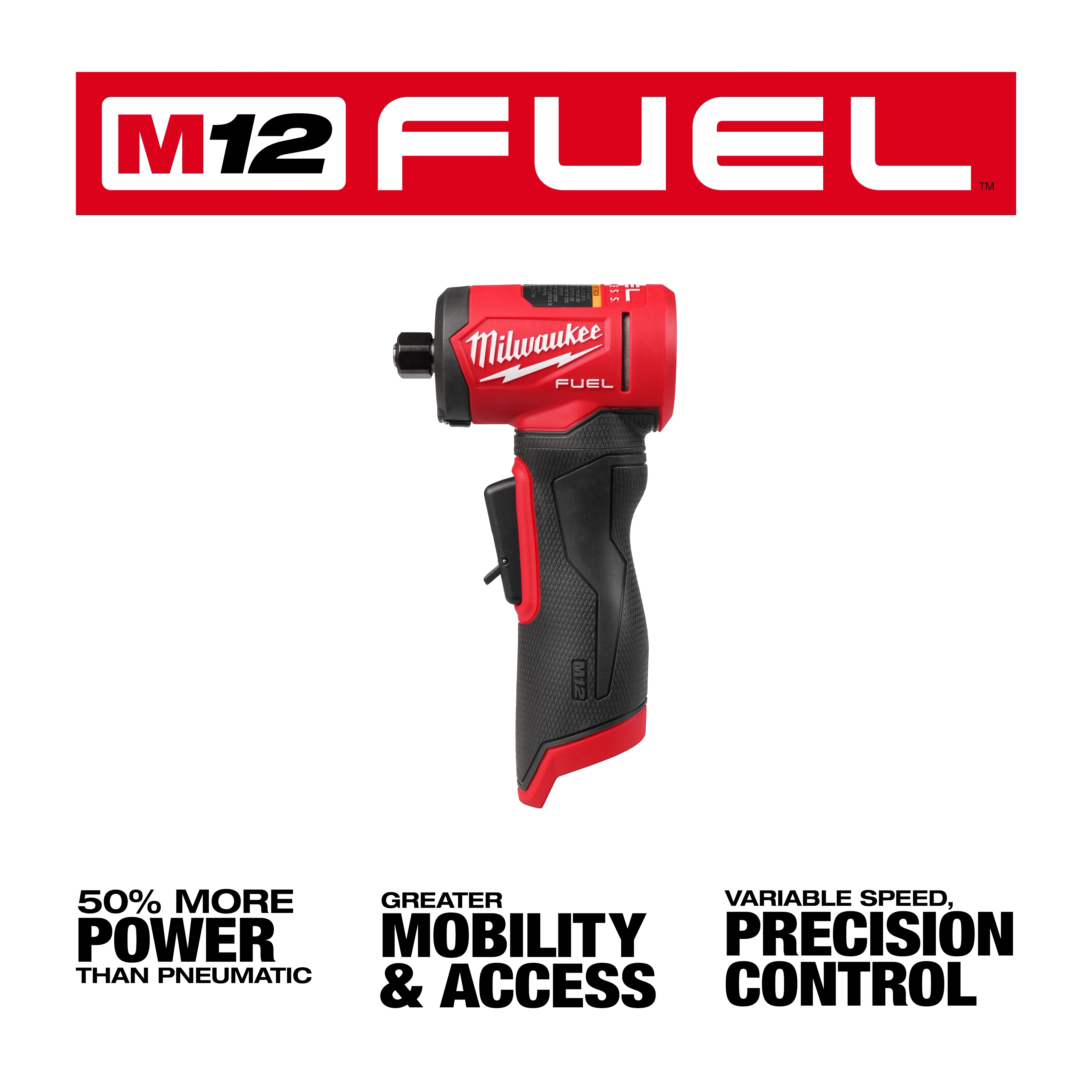 The image shows the Milwaukee M12 FUEL™ 1/4" Right Angle Die Grinder. It features the product with marketing highlights including 50% more power, greater mobility and access, and variable speed precision control. The branding emphasizes its advanced technology and efficiency.