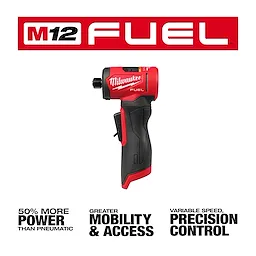 The image shows the Milwaukee M12 FUEL™ 1/4" Right Angle Die Grinder. It features the product with marketing highlights including 50% more power, greater mobility and access, and variable speed precision control. The branding emphasizes its advanced technology and efficiency.