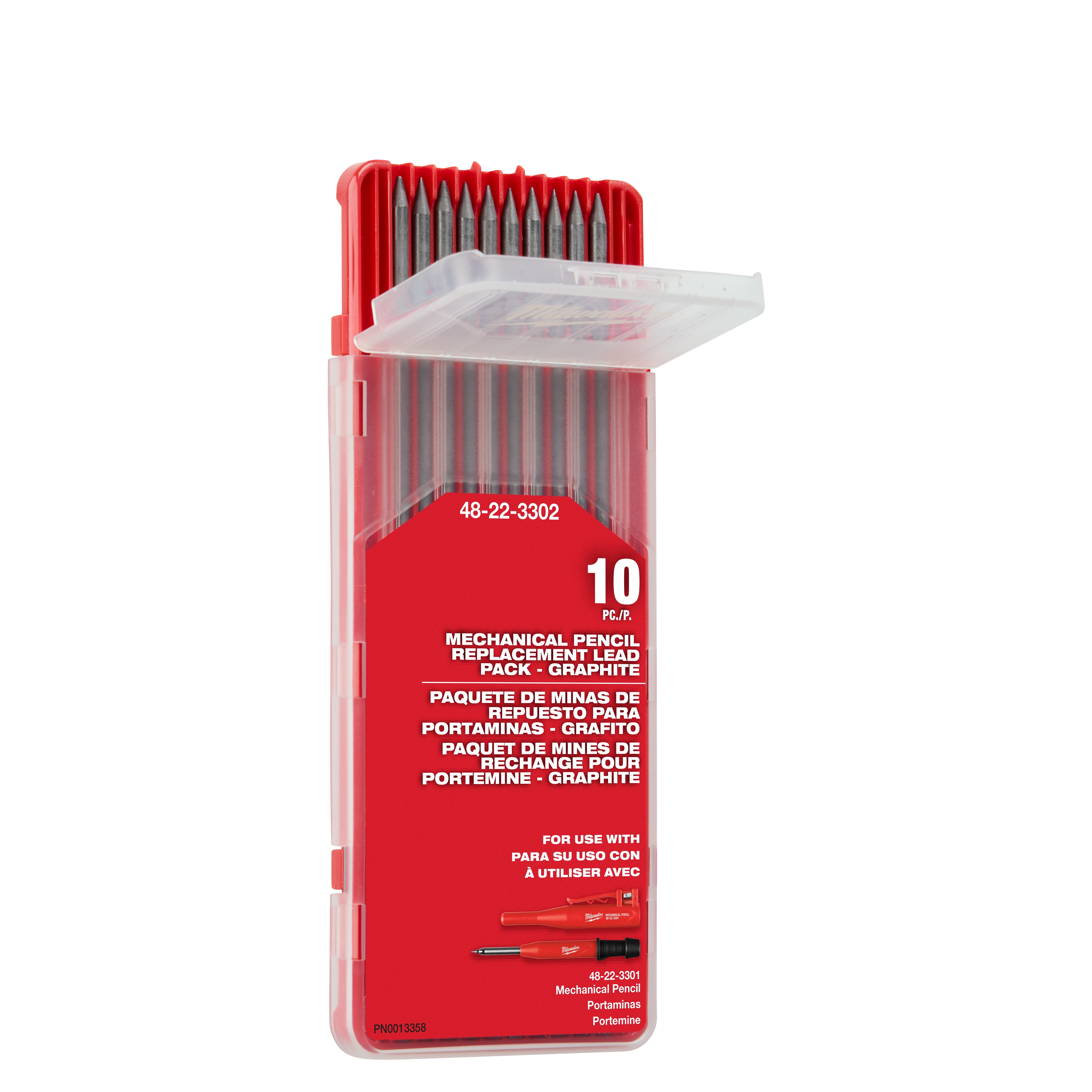 Mechanical Pencil Replacement Lead – Graphite in a red plastic case with a transparent lid, containing 10 pieces of lead.