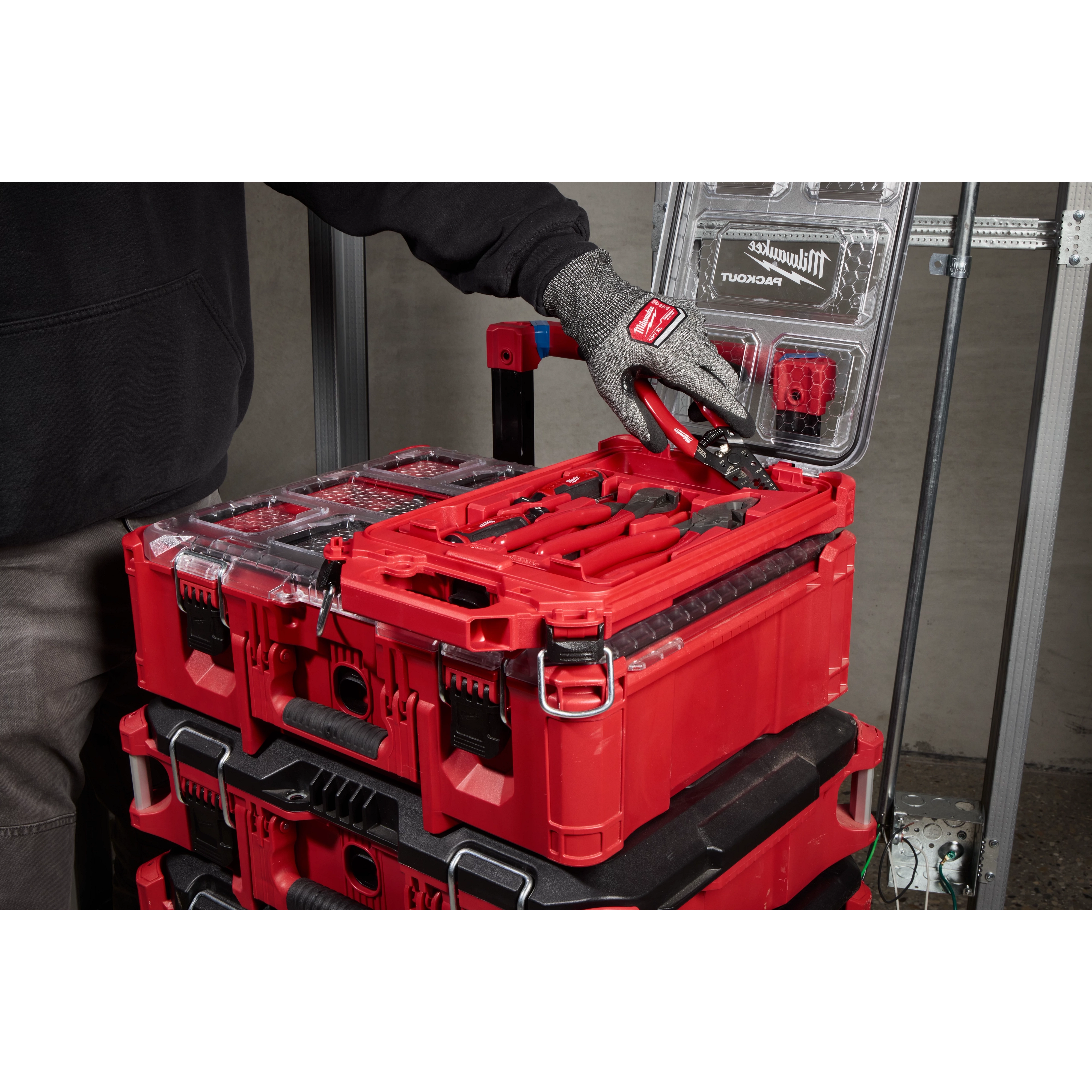 6 PC. Dipped Grip Pliers, Wire Stripper, & Cushion Grip Screwdrivers Set(USA) w/ PACKOUT Low-Profile Compact Organizer in use.