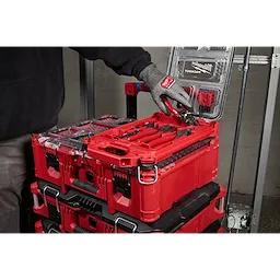 6 PC. Dipped Grip Pliers, Wire Stripper, & Cushion Grip Screwdrivers Set(USA) w/ PACKOUT Low-Profile Compact Organizer in use.