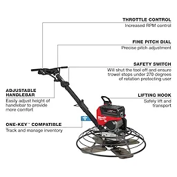 Concrete power trowel with throttle control, fine pitch dial, safety switch, adjustable handlebar, lifting hook, and One-Key™ compatibility.